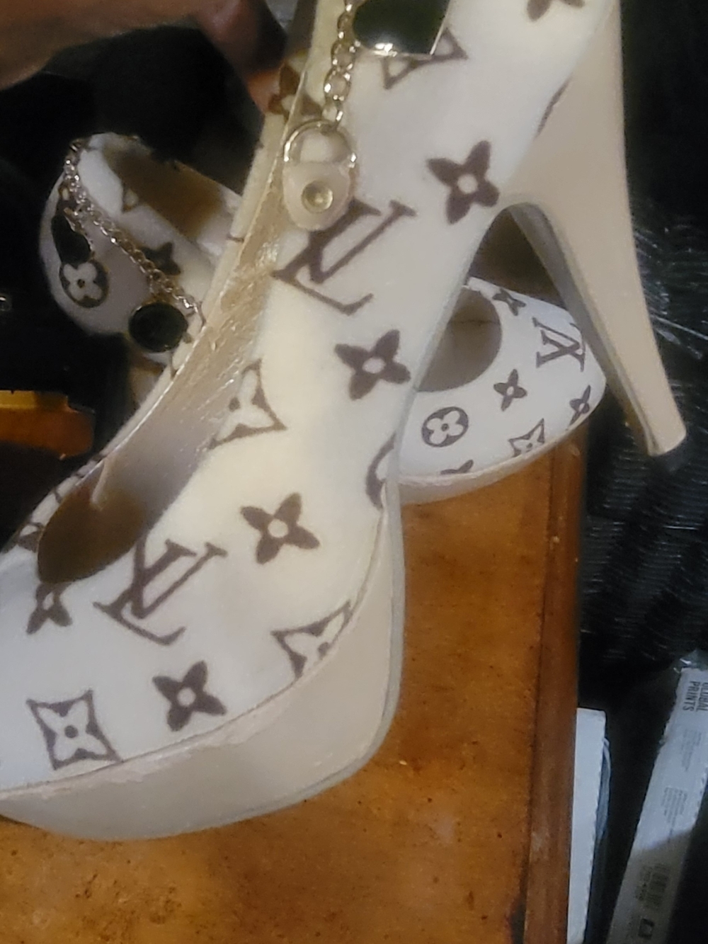Louis Vuitton White and Brown Monogram High Heel Pumps with Chain Accent